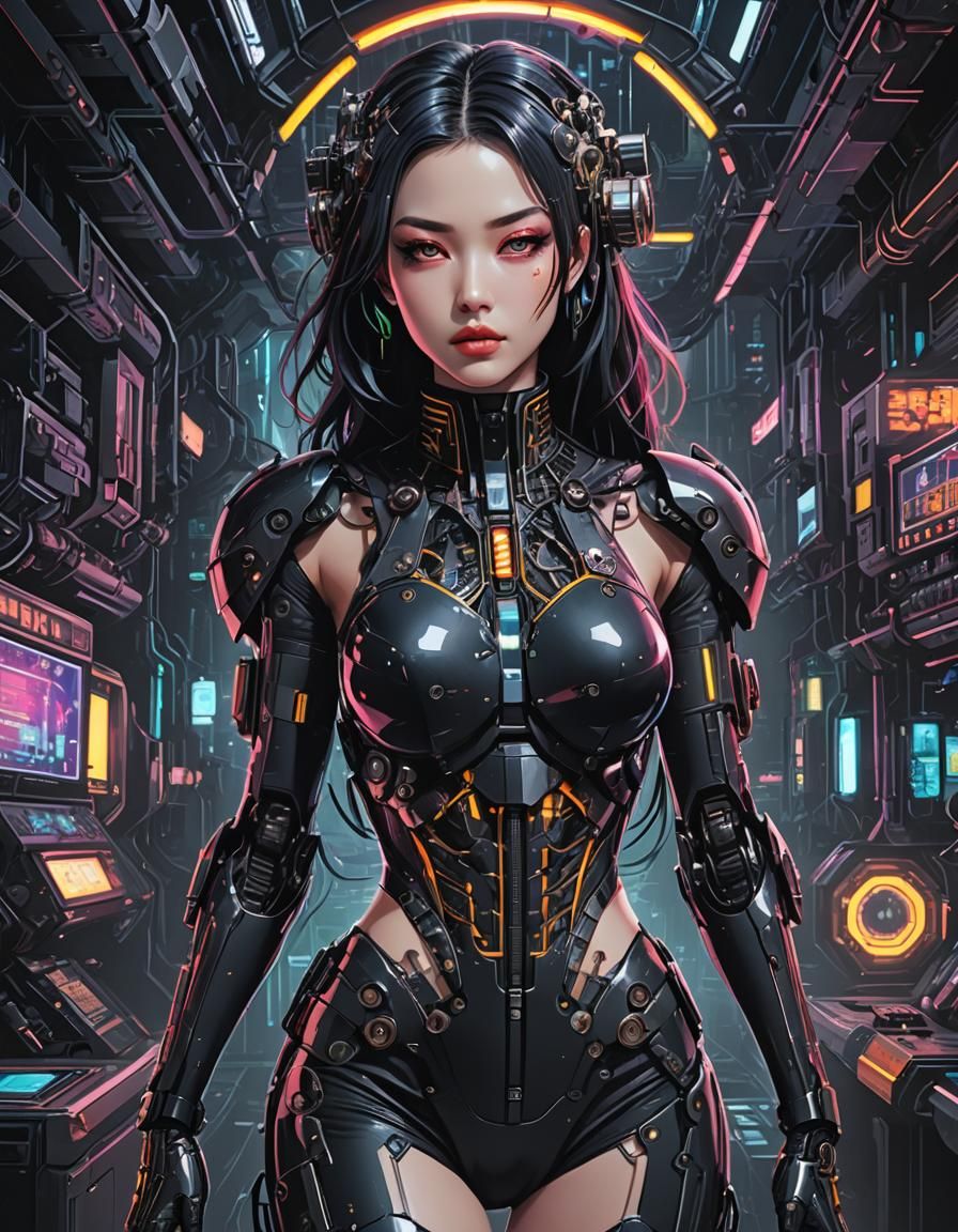 Cybernetic Girl in Dark Futuristic Anime Style