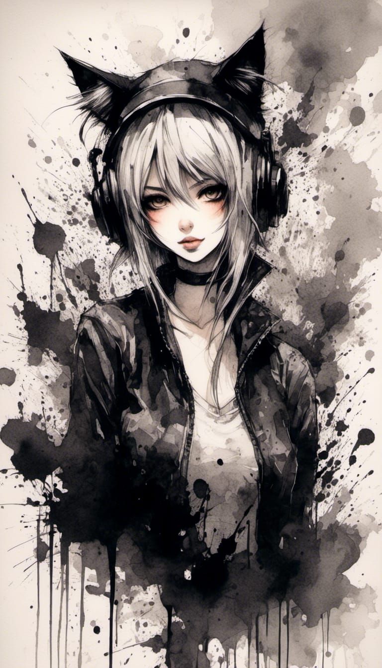 Anime Cat Girl in Ink Splatter Art