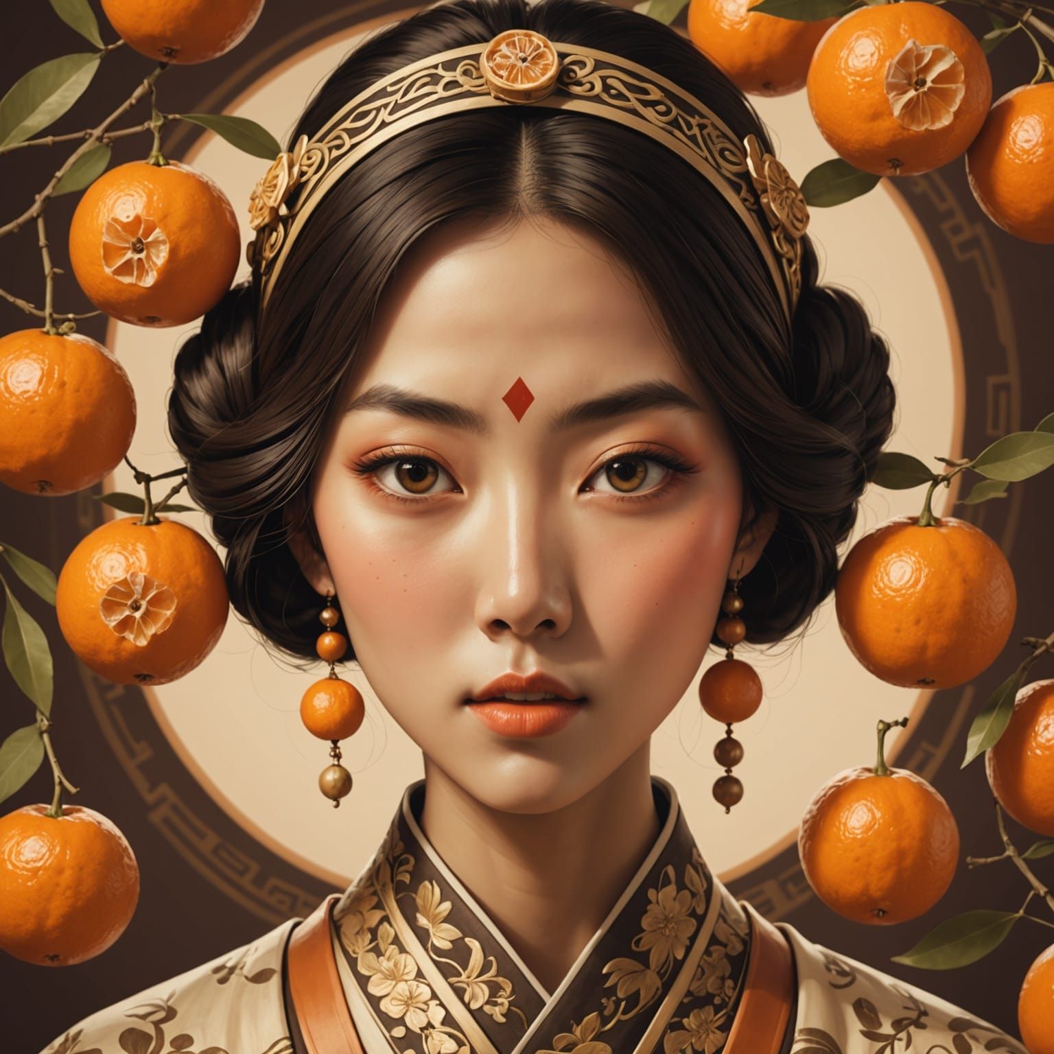 Cross-Eyed Woman with Mandarin in Mouth - Sepia Photo