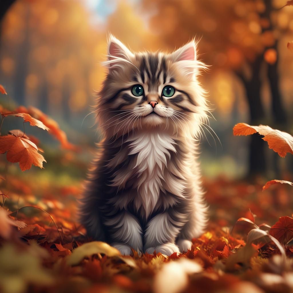 Cute British Longhair Kitten in Autumn Landscape