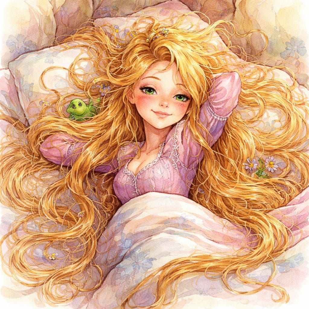 Rapunzel Wakes With Intricate Bedhead Watercolor Illustratio...