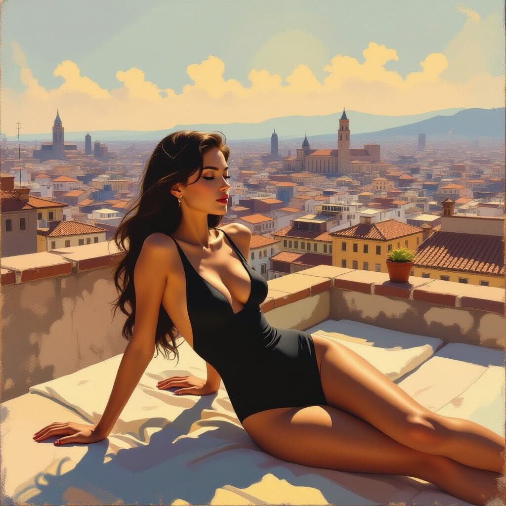 Girl Sunbathing on Rooftop in Golden Hour Light
