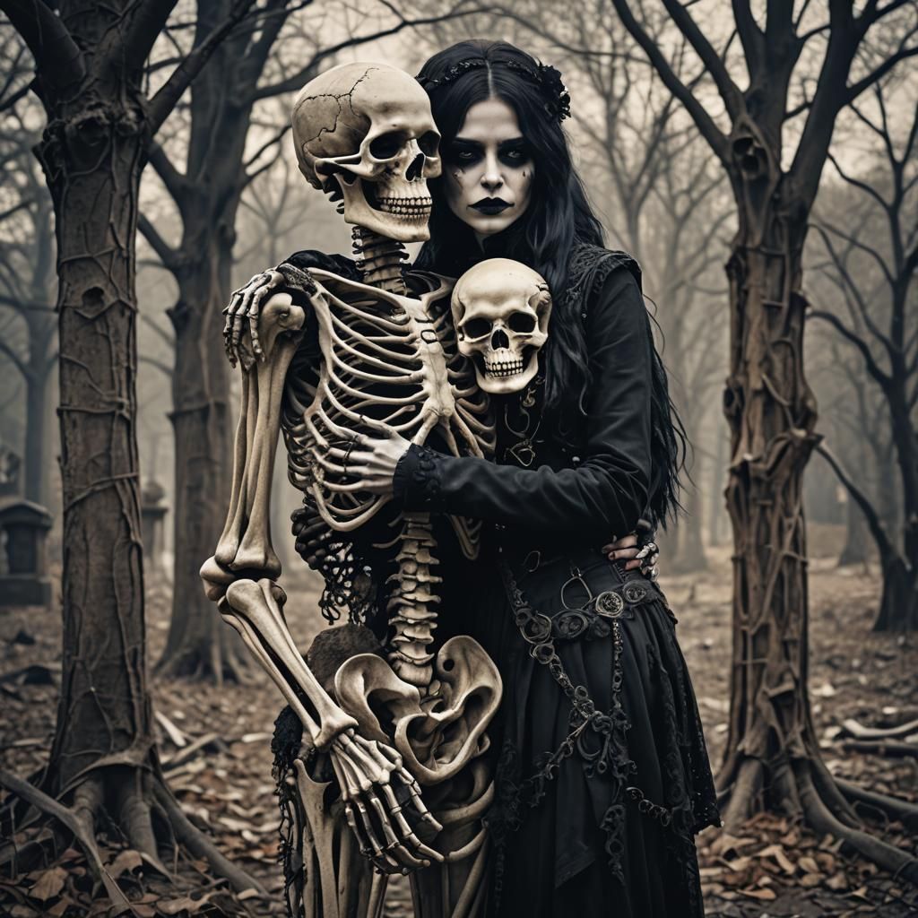 Gothic Romance: Girl in Skeleton's Embrace