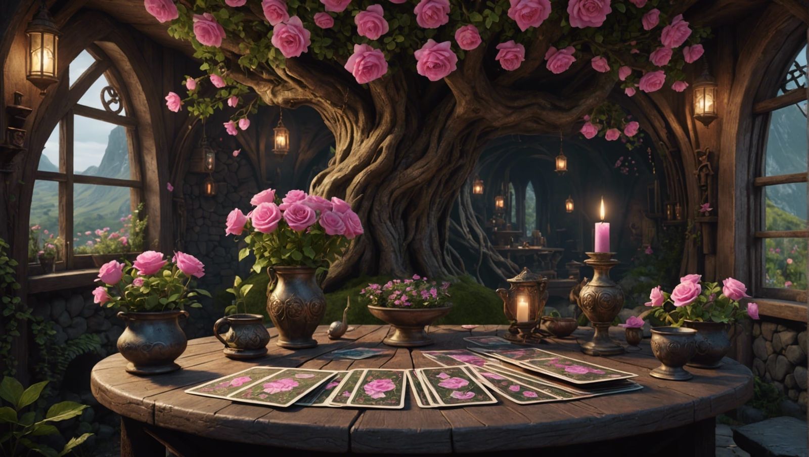 Enchanted Tarot Cards in Whimsical Hobbit Hole