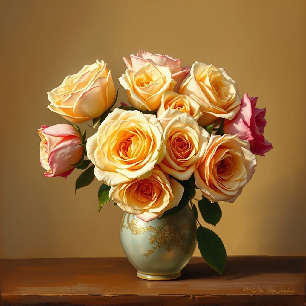 Romantic Tea Roses in Antique Vase