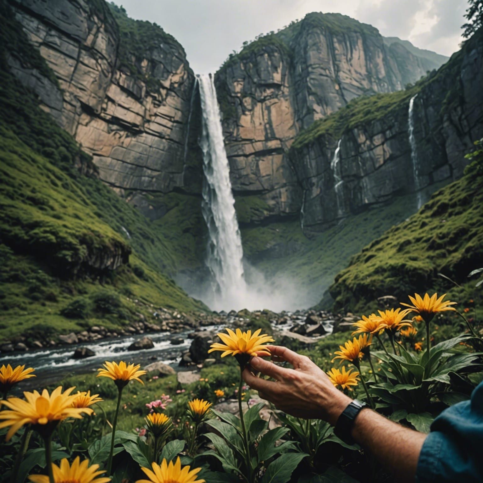Surreal Landscape with Waterfall and Giant Hands