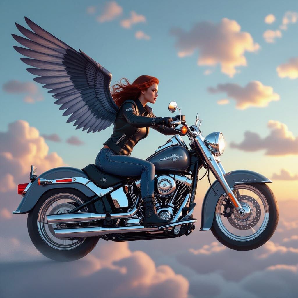 Biker Fairy Soaring on Harley Davidson, Hyperrealistic Style