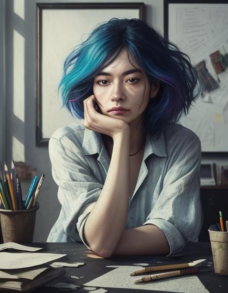 Surreal Weary Person Surrounded by Chaos