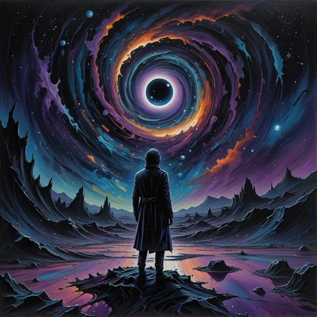 Surreal Cosmic Horror: Figure in Collapsing Universe