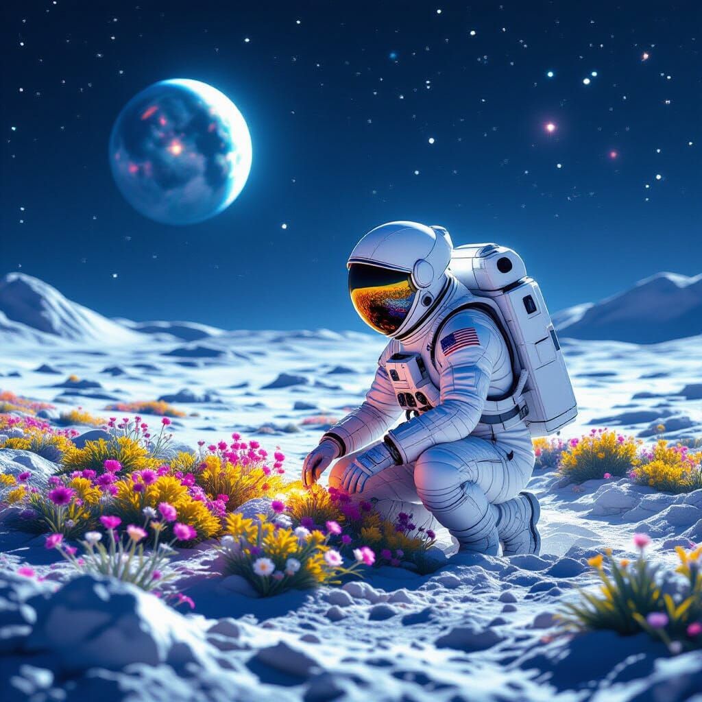 Astronaut Tends Alien Garden Under Earth's Gaze