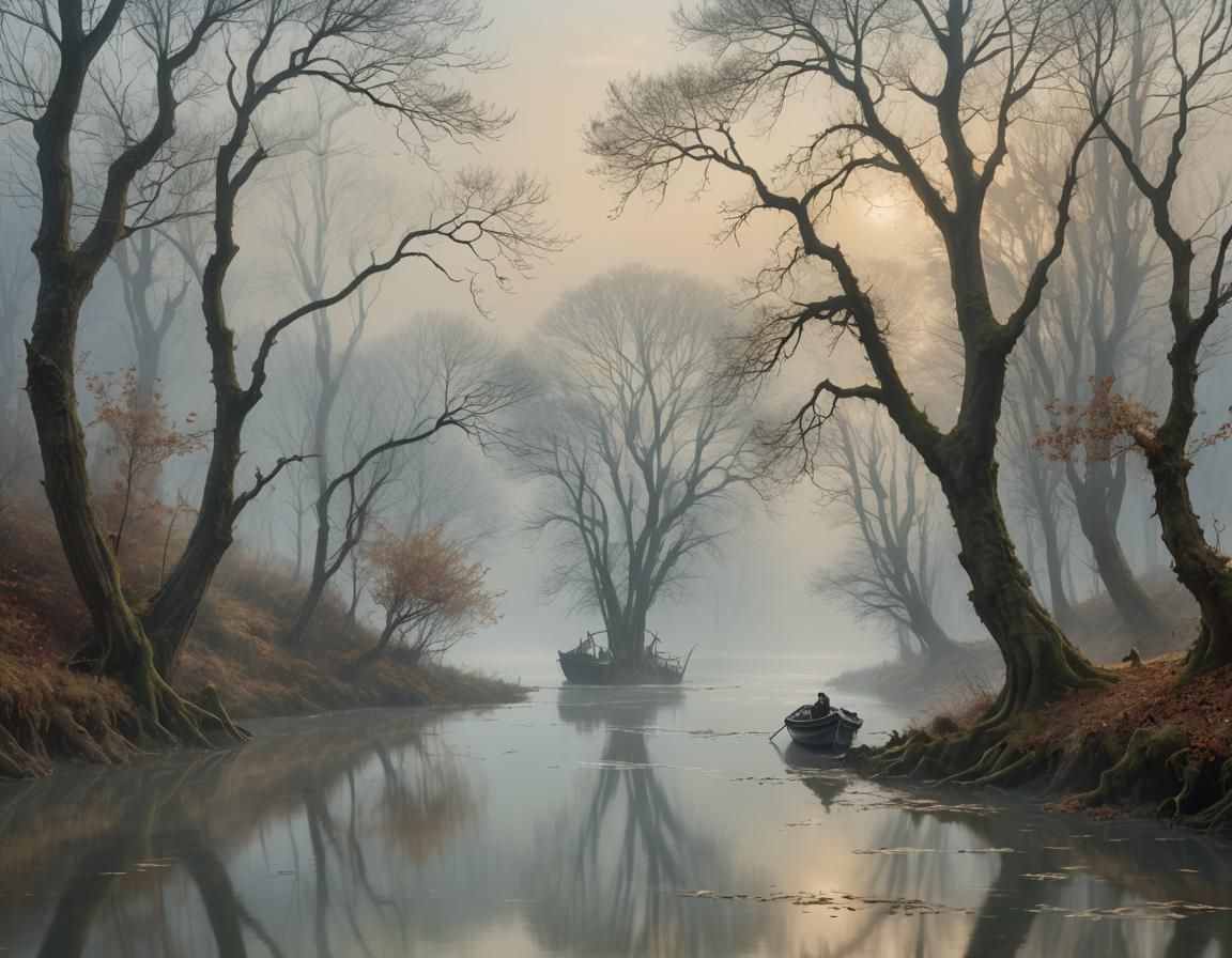 Mystical Boat Amidst Mist-Shrouded Trees