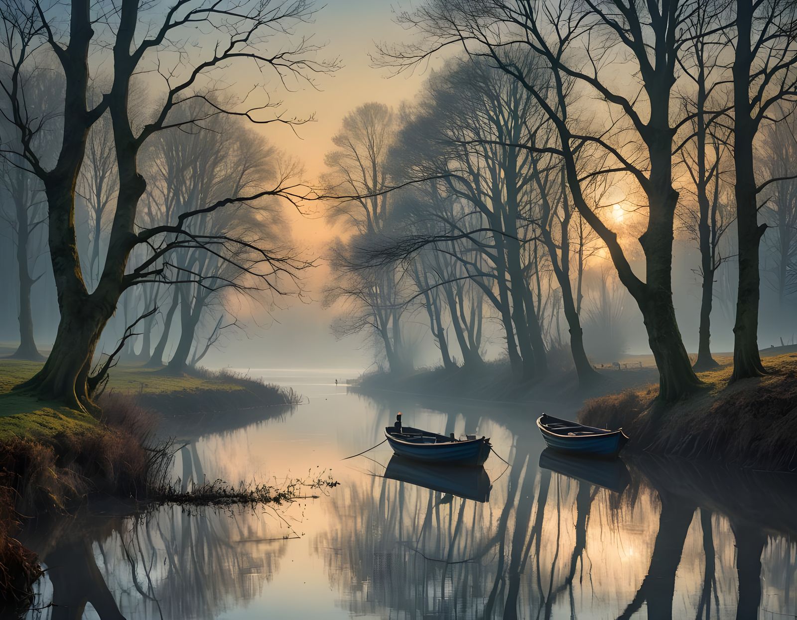 Ethereal Misty Landscape with Boat in Romanticism Style