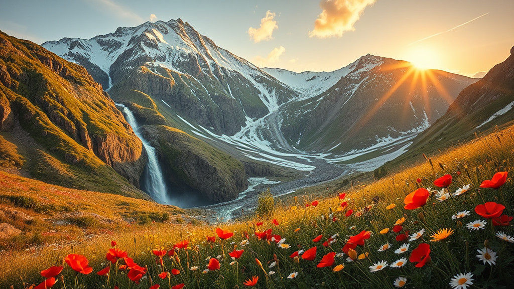 Sunset Mountain Meadow Waterfall with Wildflowers