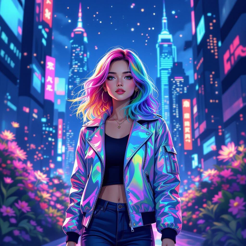 Woman in Futuristic City with Neon Lights