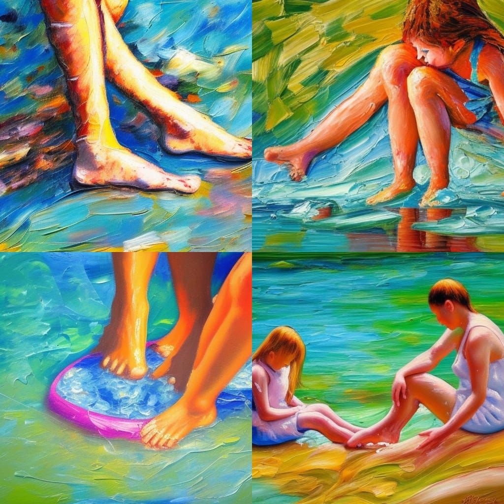 Washing Toes in Clear Water: Neo-Impressionist Oil Painting