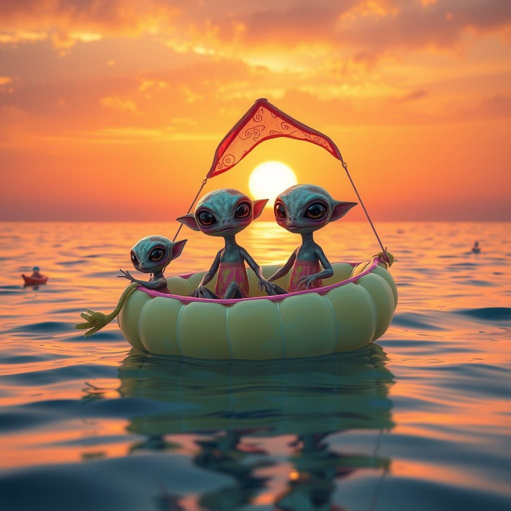 Whimsical Aliens Adrift on a Vibrant Kite Boat at Sunset