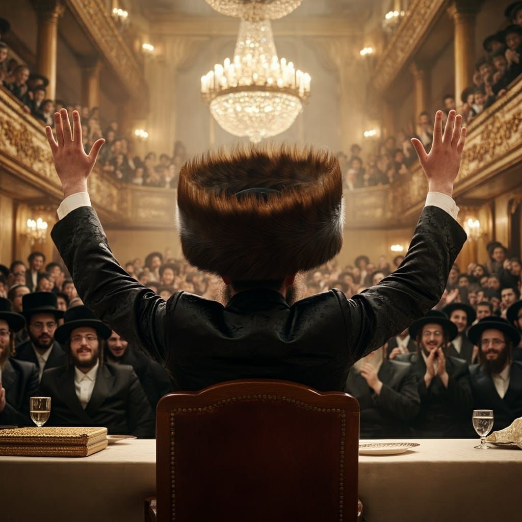 Regal Hasidic Leader in Furry Shtreimel and Black Suit Raise...