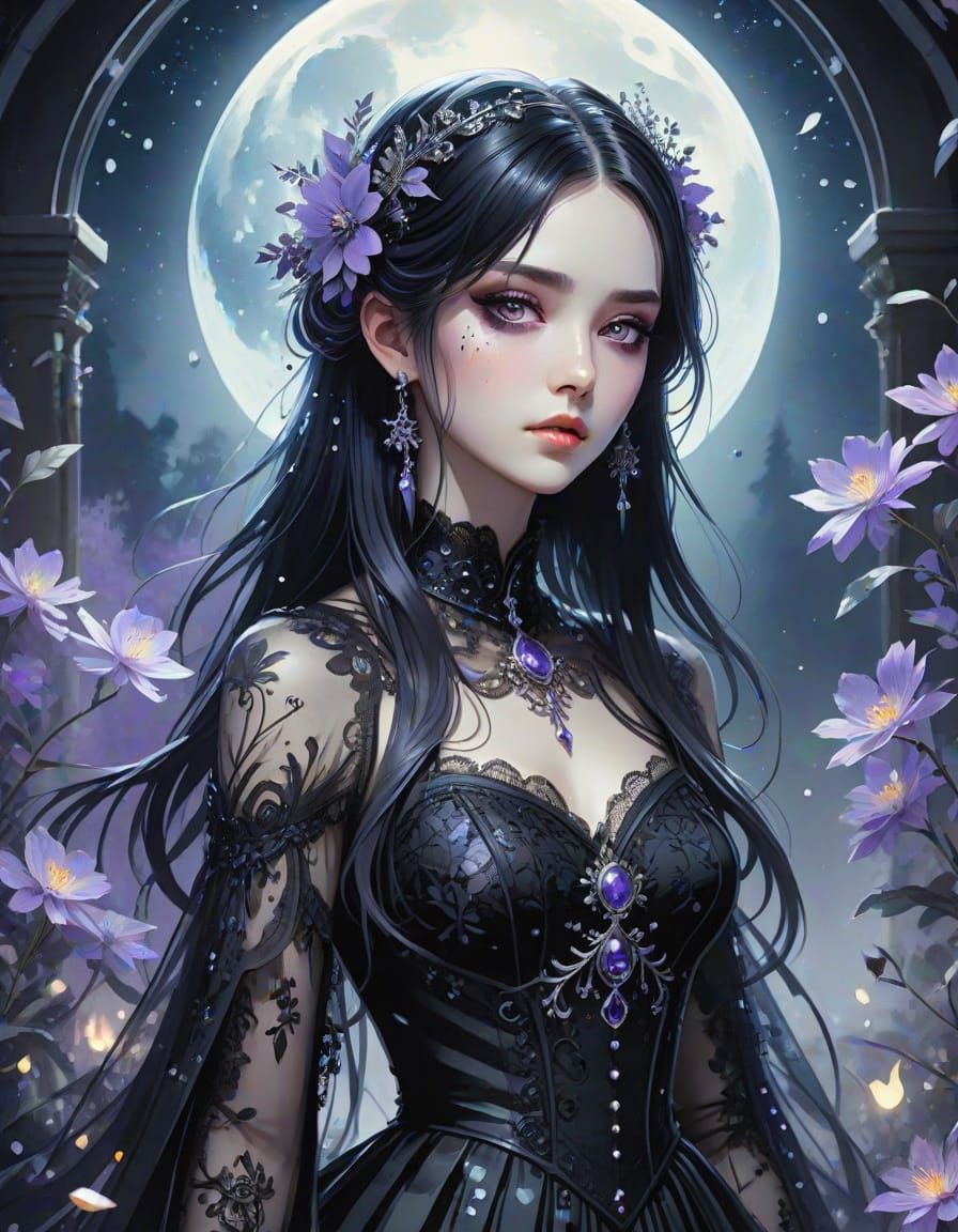 Goth Princess Under Moonlit Blooms
