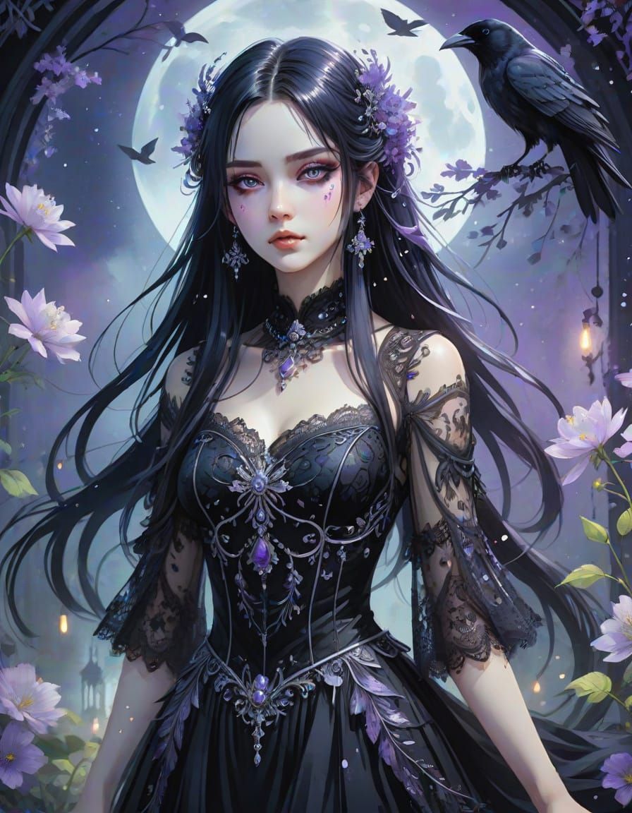 Violet-Eyed Anime Goth Princess in Dreamy Watercolor Garden