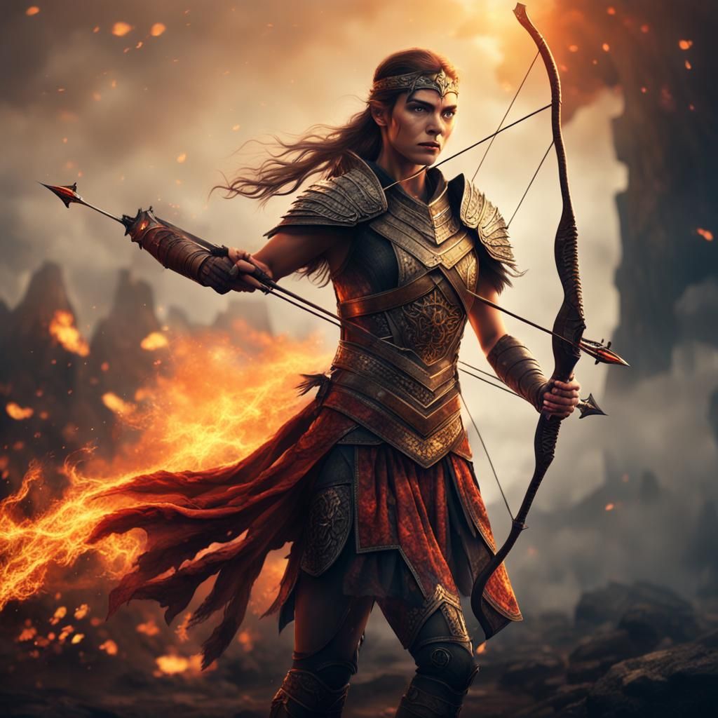 Fiery Female Warrior with Bow and Arrow