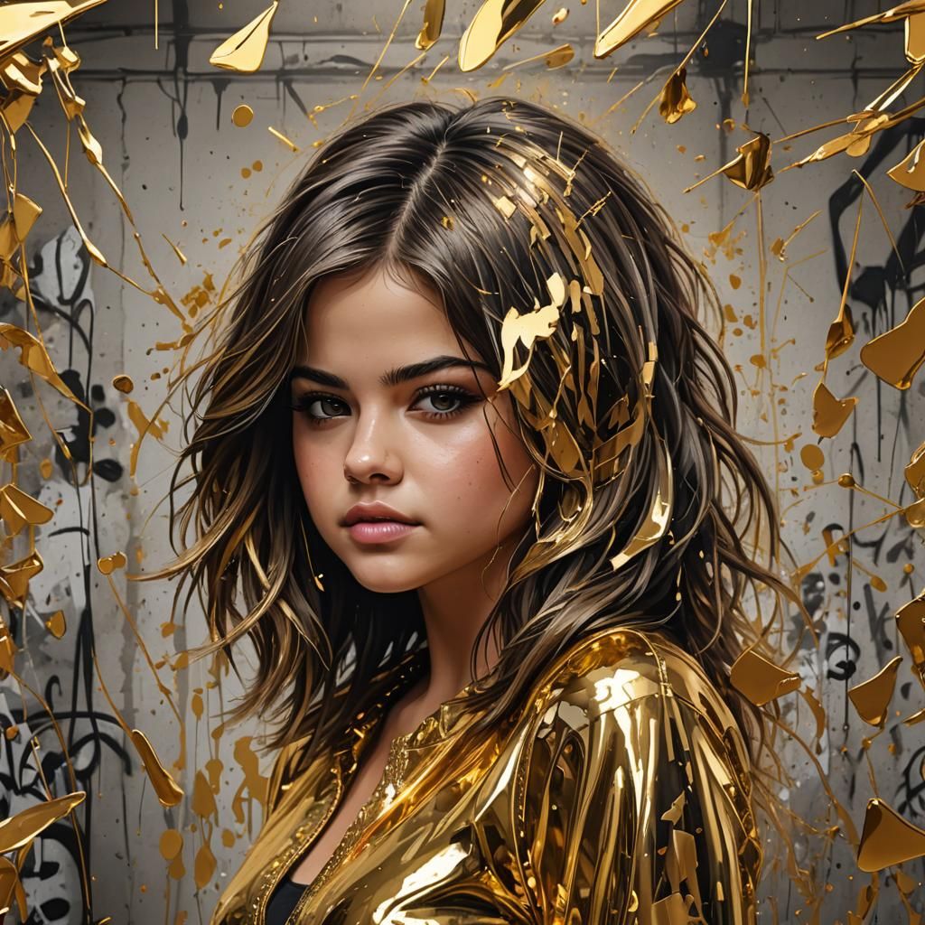 Selena Gomez Golden Glass Hair Graffiti Art