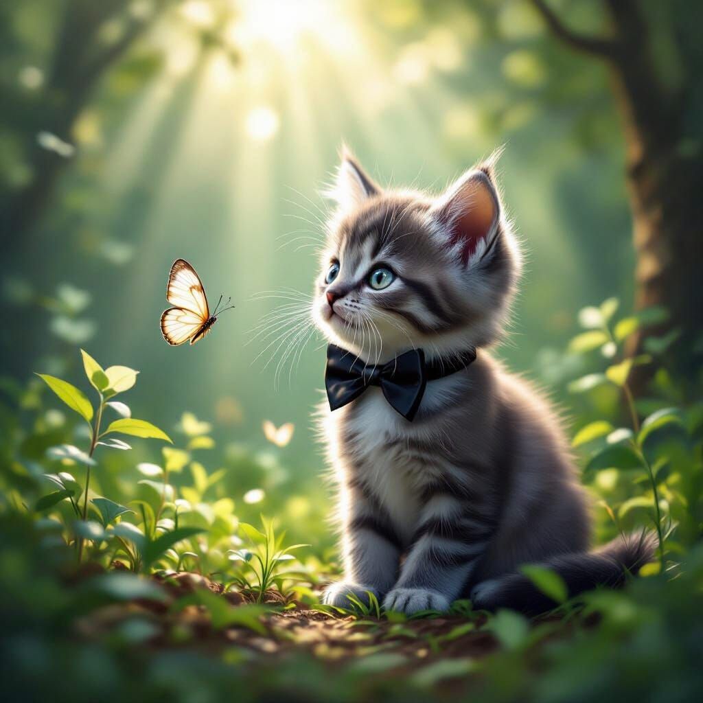 Adorable Grey Kitten with Bow Tie in Enchanted Forest