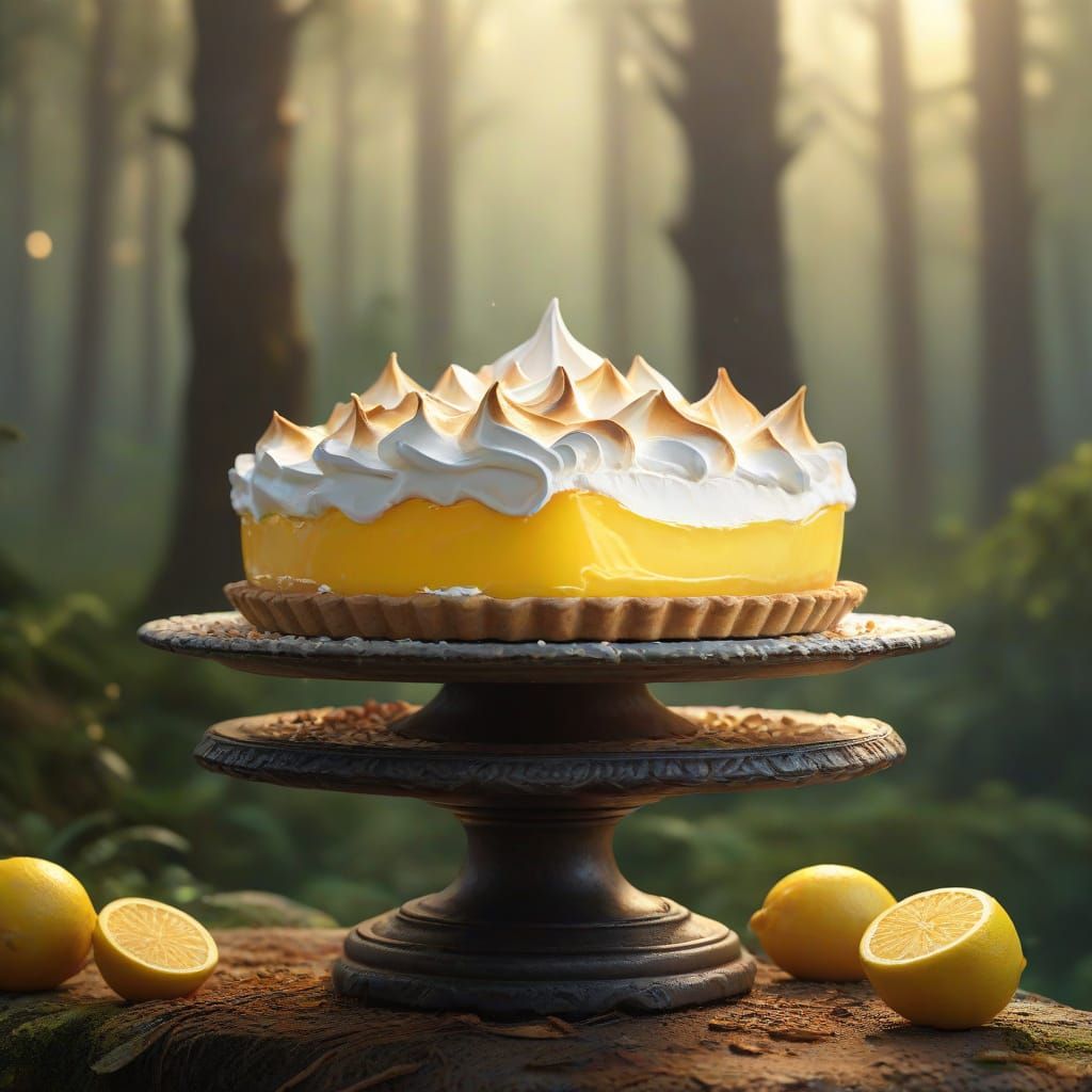 Lemon Meringue Pie in Mystical Forest, Oil Painting