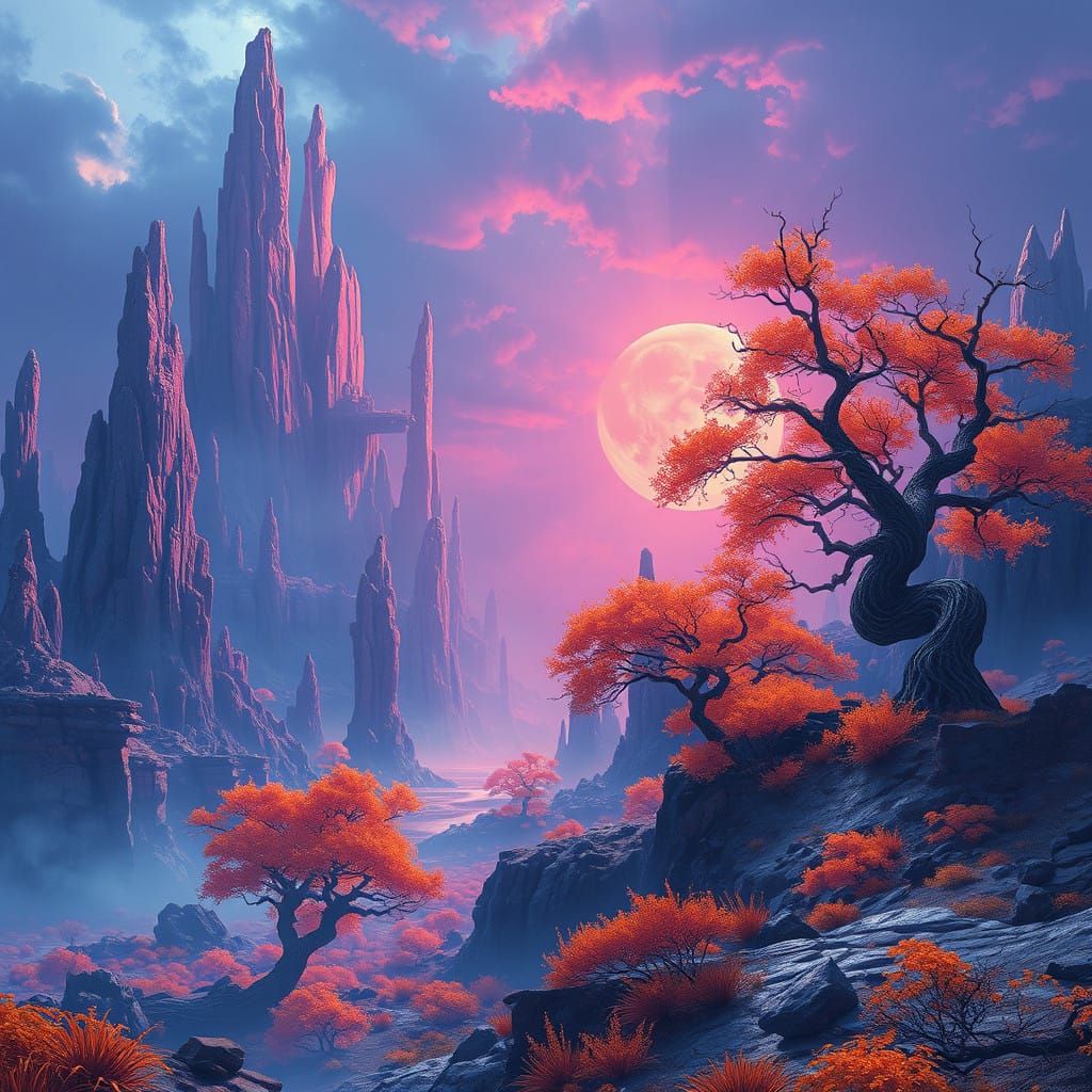 Vast, Otherworldly Landscape in Vibrant Oranges and Blues