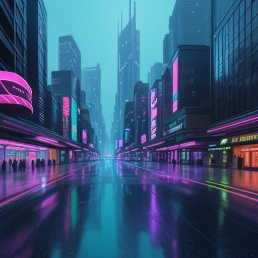 Colorful Sci-Fi Cityscape at Night in Neon Lights