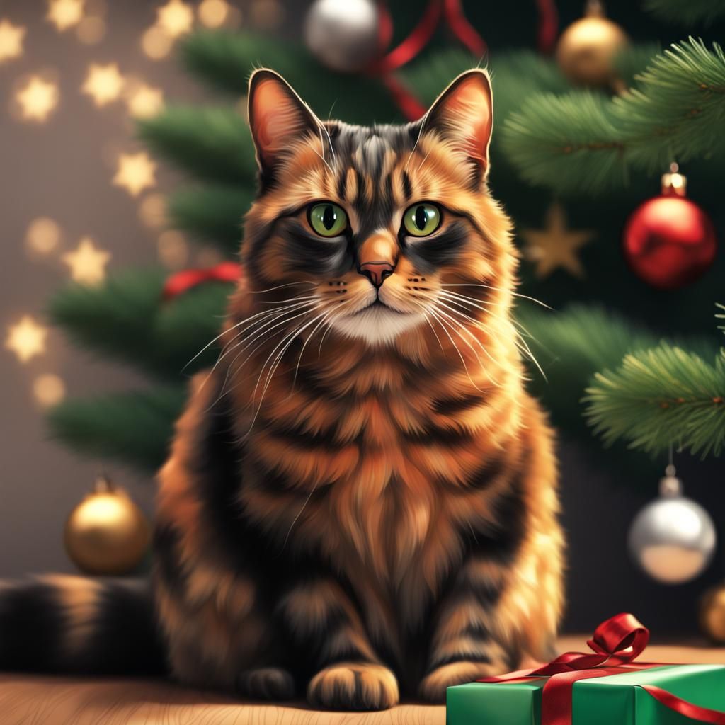 Tortoiseshell Cat Observes Christmas Tree: Photorealistic Im...