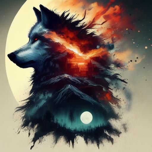 Ethereal Wolf Howling at Moon: Fantasy Matte Painting