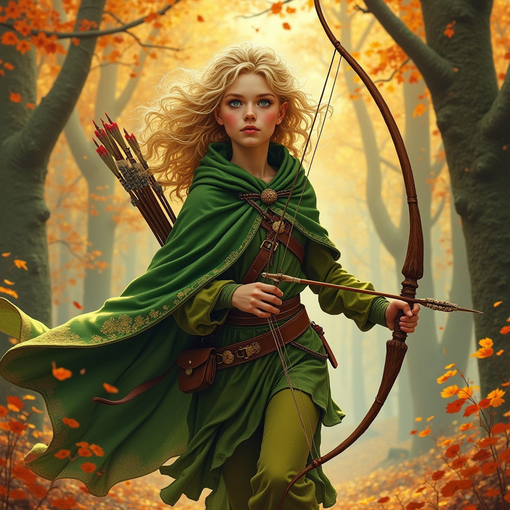 Elf Archer in Autumn Forest, Fantasy Illustration