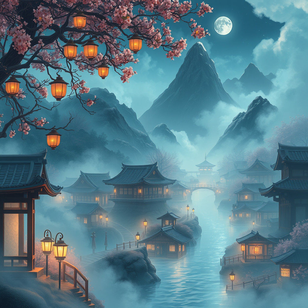 Ethereal Fantasy Village in Anime Style