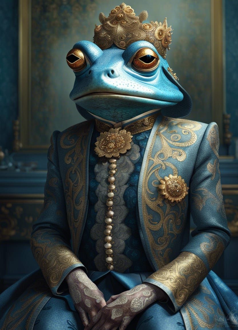 Majestic Elderly Aquatic Frog Person in Gold Filigree
