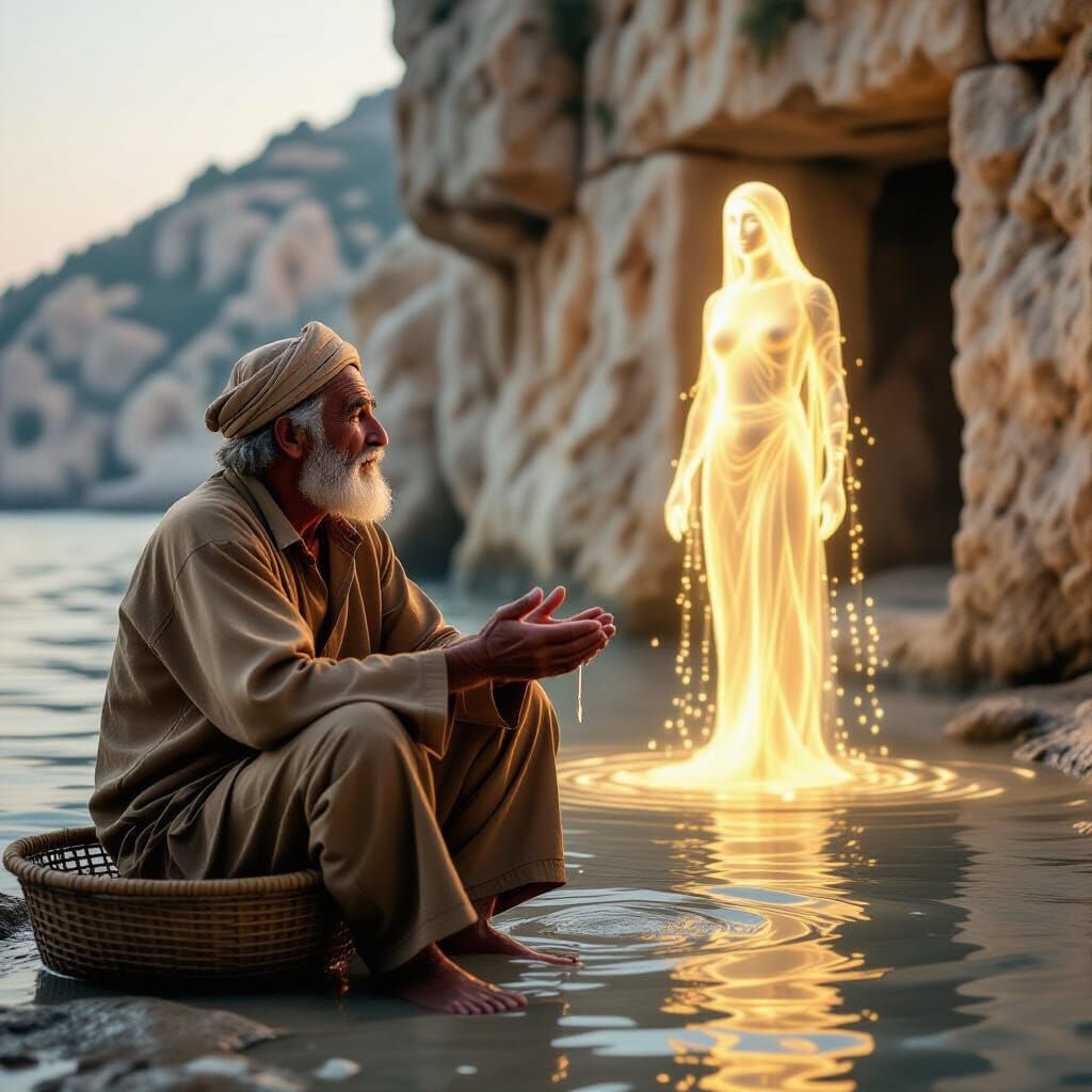 Elderly Fisherman's Divine Encounter at Dawn