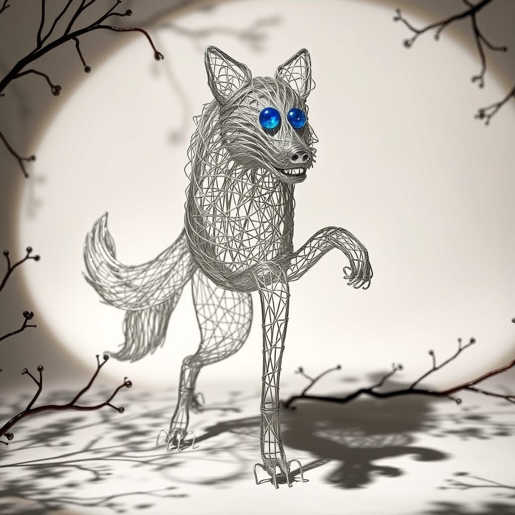Sculpture of a Mischievous Wolf in Silver Wire