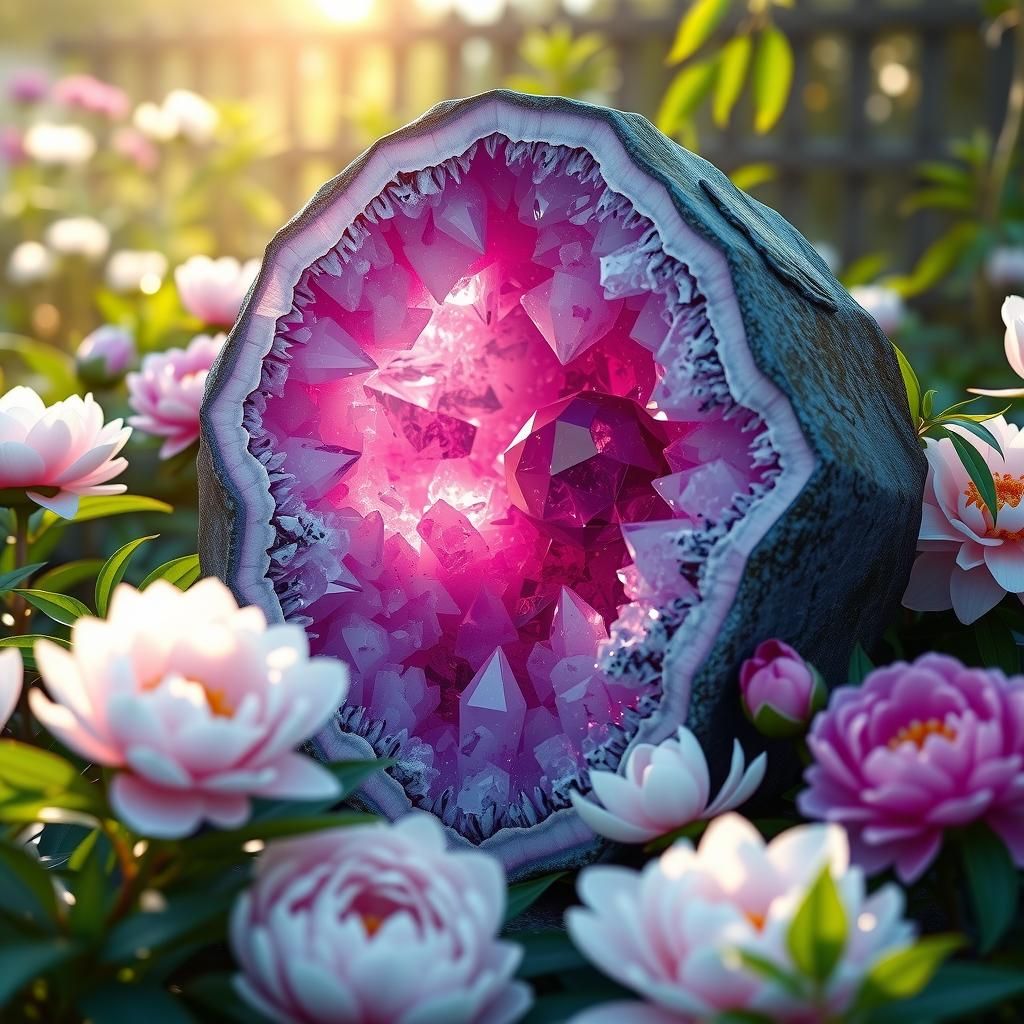 Amethyst Geode in Peony Garden, 3D Render