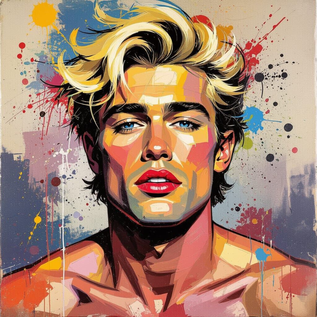 Blonde Man Dissolving into Vibrant Abstract Paint Bursts