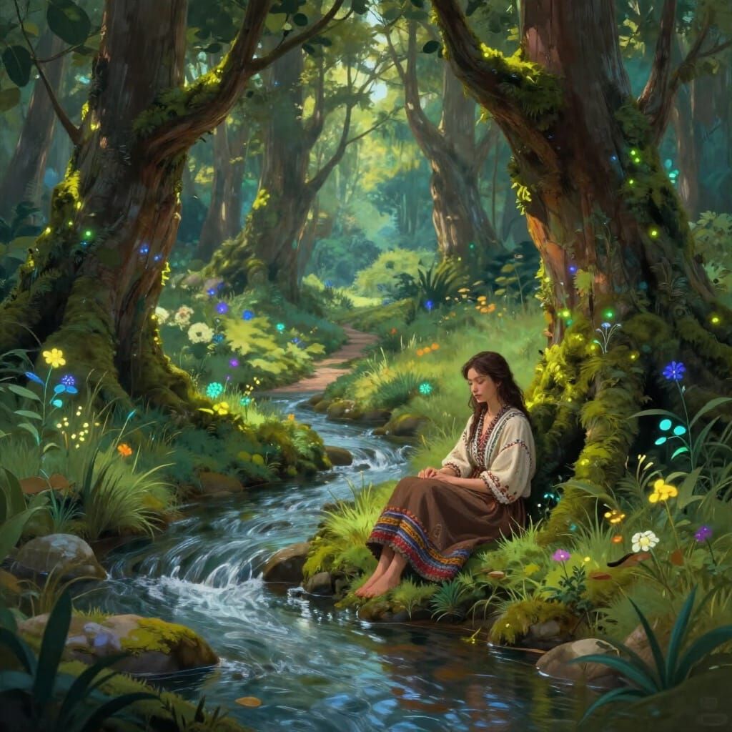 Fantasy Forest Clearing With Ethereal Light and Ancient Tree...