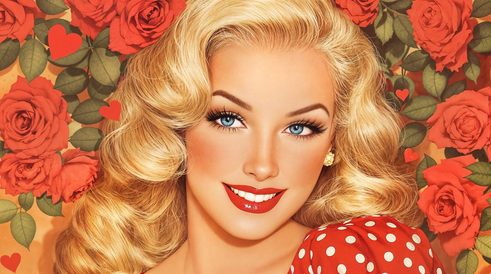 Busty Blonde in Polka Dots with Roses