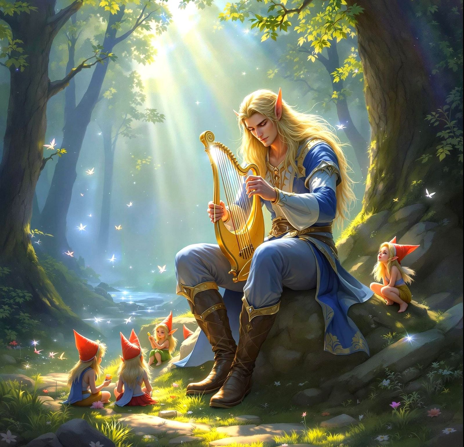 Ethereal Elf Musician in Whimsical Forest Glade