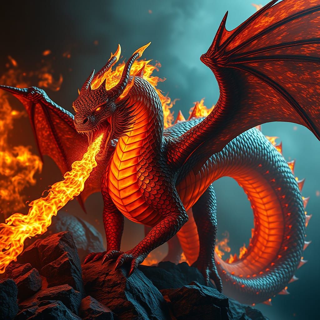 Majestic Fire Dragon Breathing Flames: Digital Art