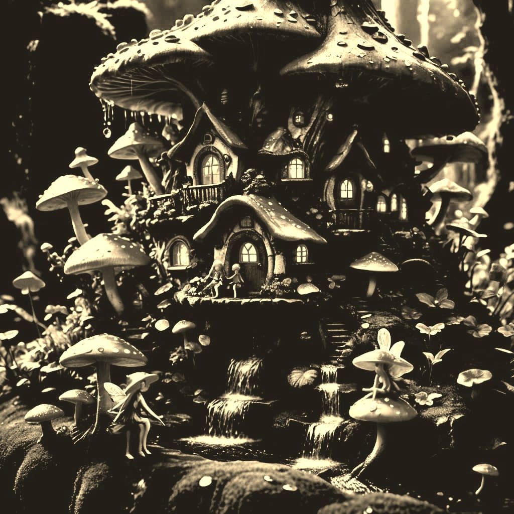 Fairies on Mushroom Near Fairy House: Macro Photography