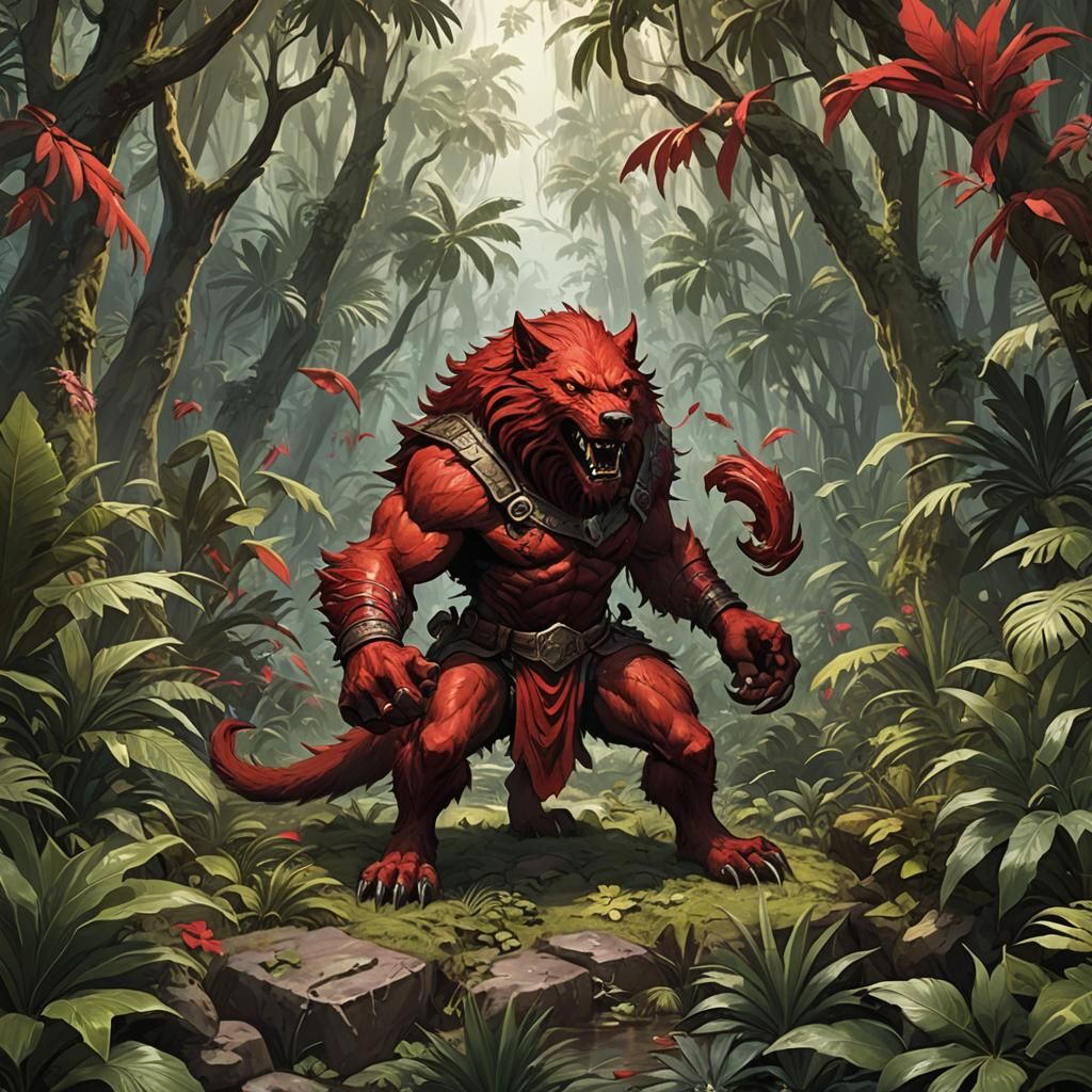 A fierce red werewolf on a lonely island in the middle of a ...