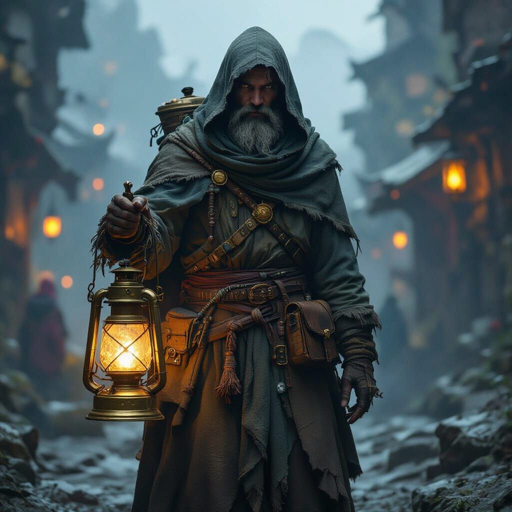 Eccentric Mountain Guide with Lantern, Dark Fantasy Art
