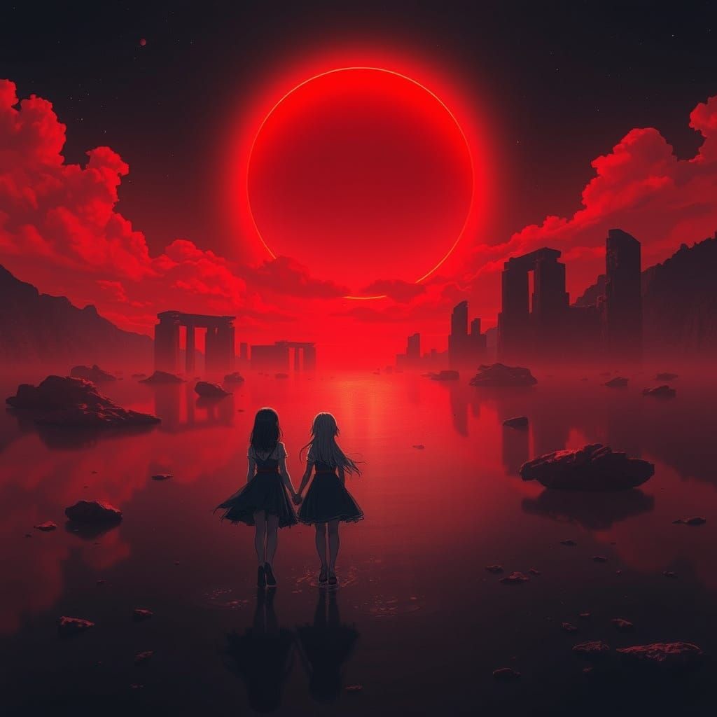 Surreal Lake Scene with Dreamlike Ancient Ruins