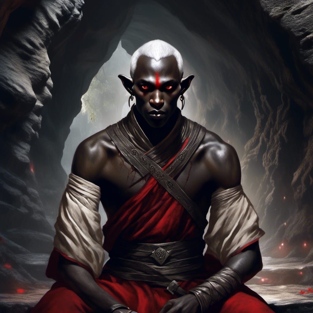 Scarred Drow Monk in Underground Cave