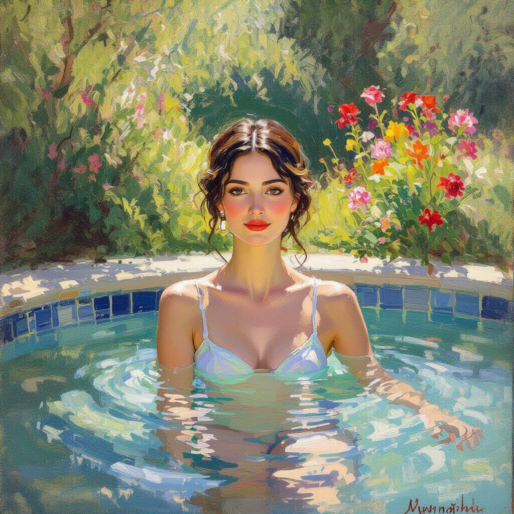 Impressionist Woman in Pool with Flowers and Sunlight