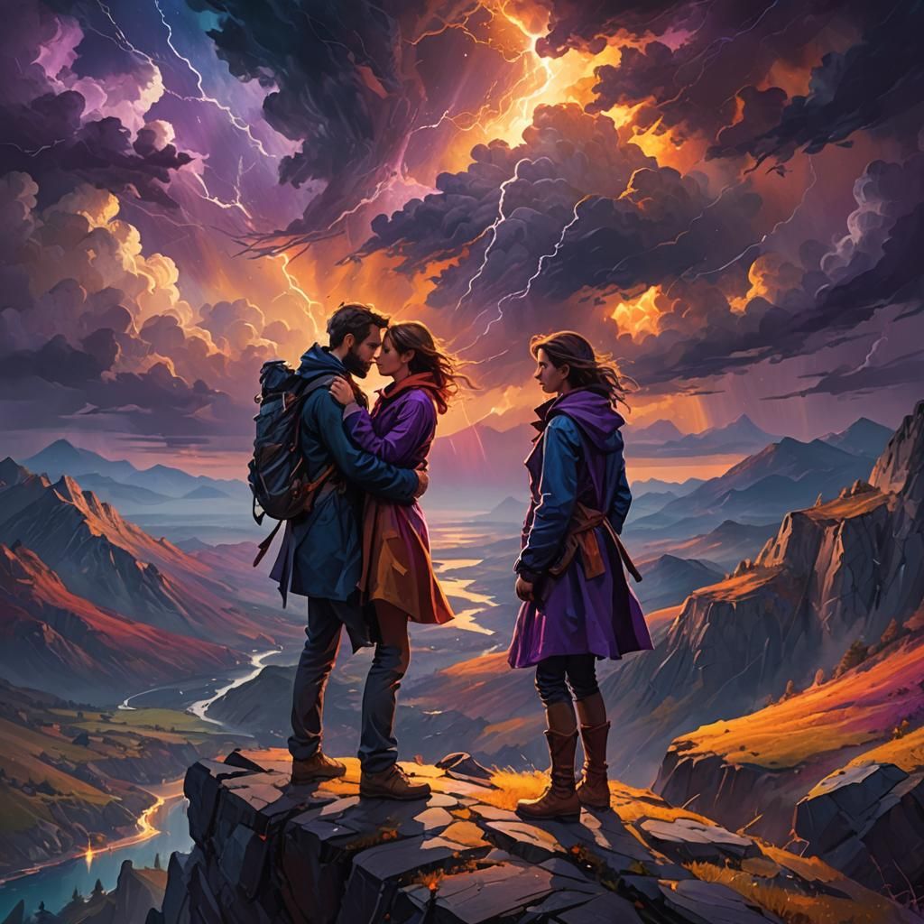Couple Embrace in Stormy Landscape: Oil Painting