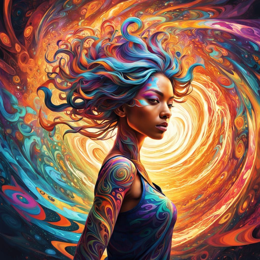 Vibrant Psychedelic Digital Art Portrait in Charcoal Drawing...